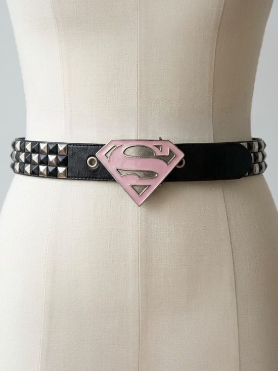 Accessories - Studded Leather Belt with Pink Superman Buckle Size Medium Y2K